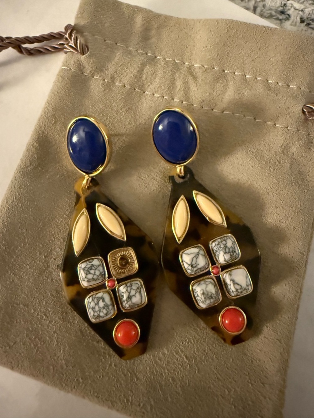J. Crew Tortoiseshell Drop Earrings with Blue, White & Coral Accents